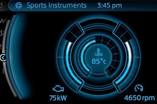 Im Mini zeigt ‚Sports Instruments‘ Motordaten wie Drehzahl, Drehmoment, Motortemperatur und aktuelle Motorleistung an. Foto: BMW/dpp-AutoReporter